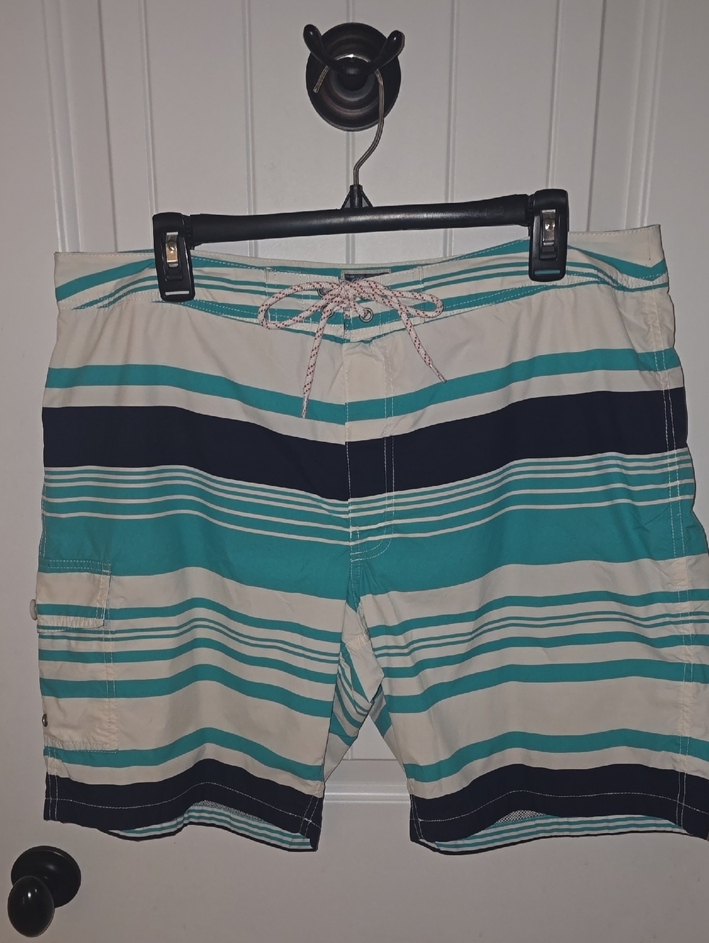 J. Crew Teal, Navy and White Striped Swim Board Shorts